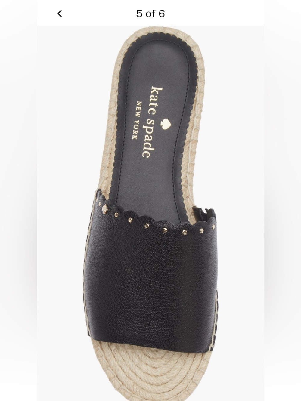 kate spade Black Leather Scalloped Espadrille Slide with Gold Studs